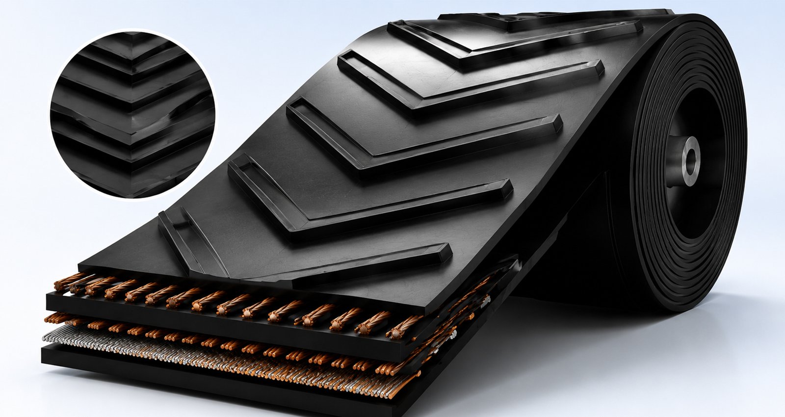Chevron conveyor belt with moulded profiles for incline conveying